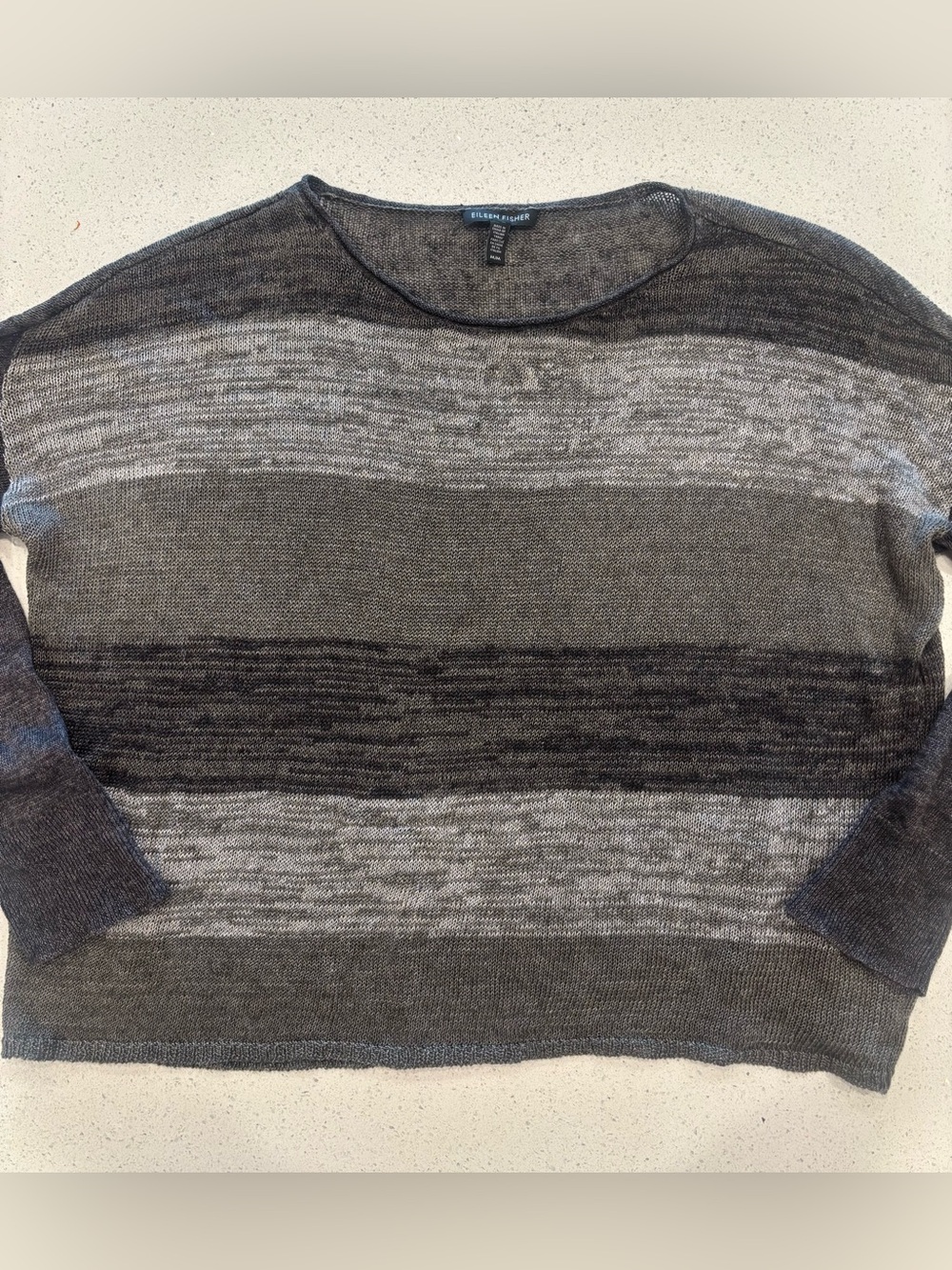 Eileen Fisher Striped Linen Lightweight Crewneck Sweater Gray, Charcoal Medium
